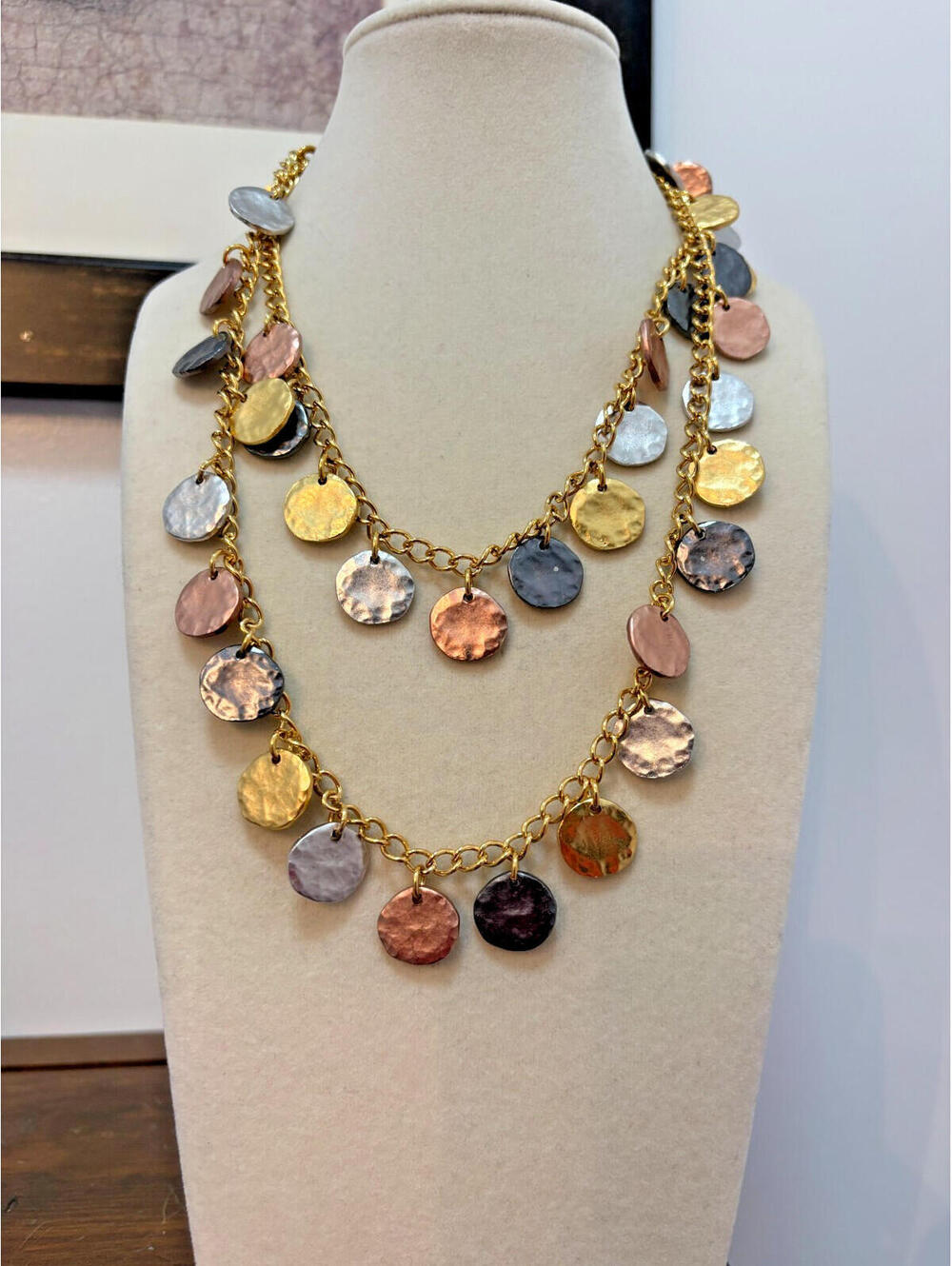 KJL Kenneth Lane Mixed Metal Coin Disk Necklace 36” Gold Silver Copper Gunmetal